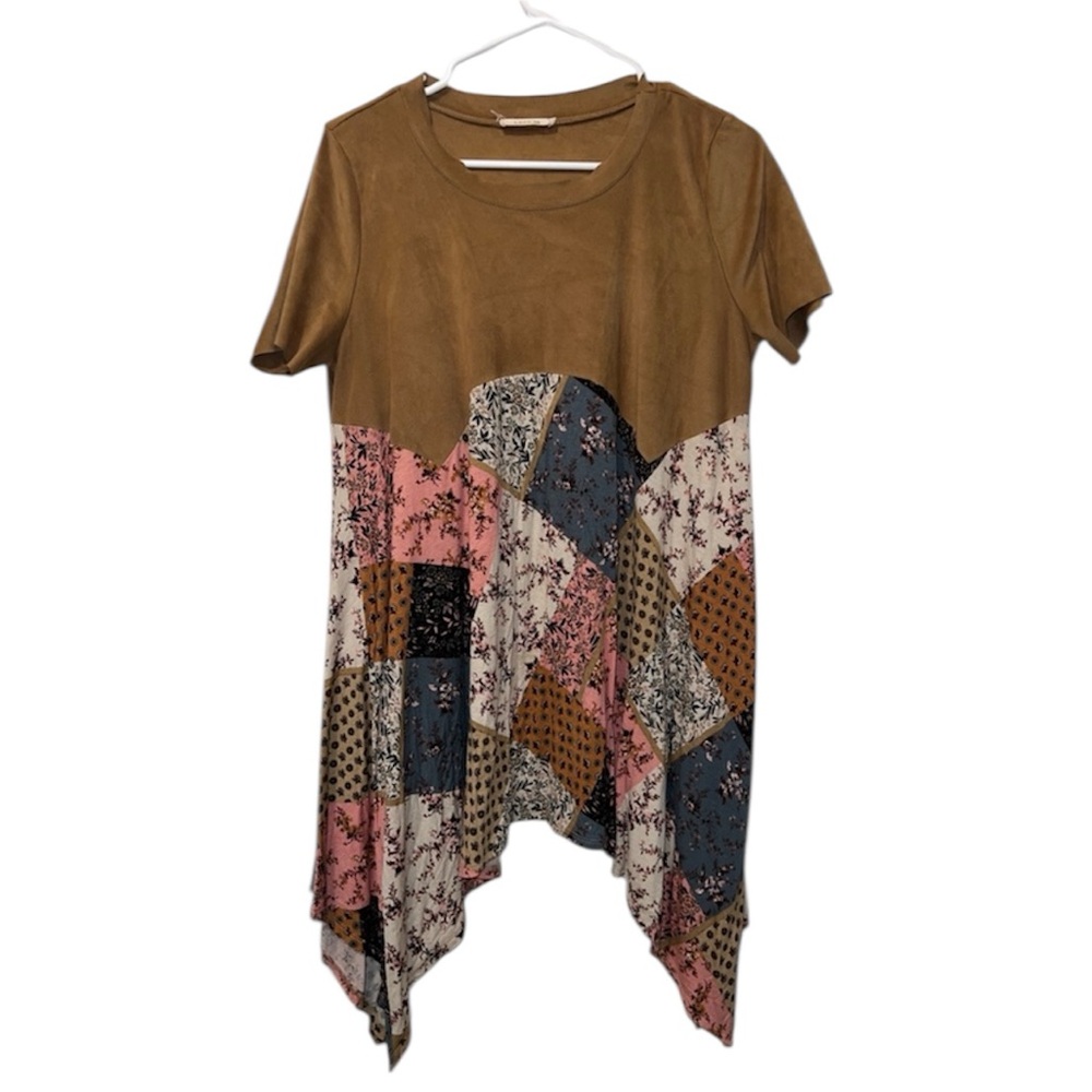 Love In Brown Suede and Pink Colorful Patchwork Design Women's Hi-Lo Top Medium